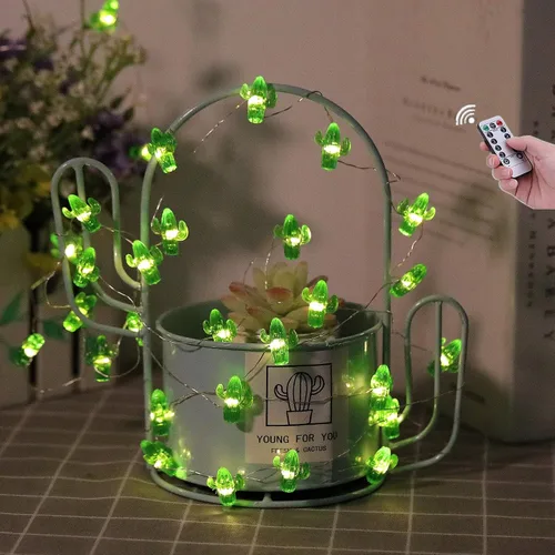 Vista 2 de Guirnalda de luces decorativas con diseño de cactus tropicales, 14.2 in, 40 ledes de luz blanca cálida, resistente al agua, funciona con 8 modos
