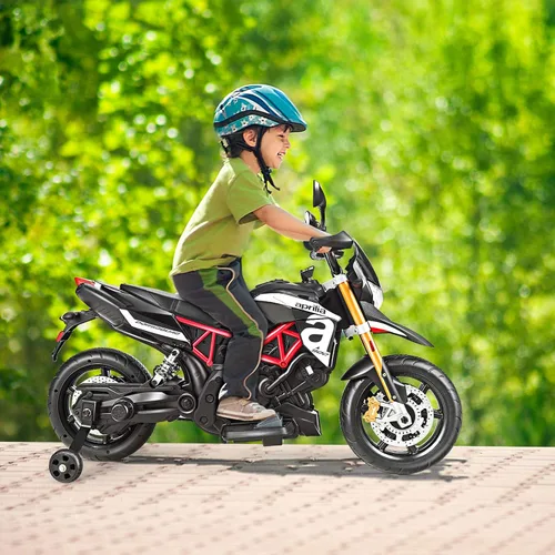Vista 2 de OLAKIDS Aprilia - Motocicleta de 12 V para niños, motor eléctrico con licencia de Aprilia con ruedas de entrenamiento, suspensión de resorte