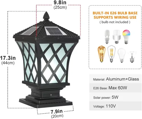 Vista 6 de Lámpara LED solar para poste con tapa de poste, luces de pilar regulables para exteriores, IP65, impermeable, luz de poste negra, luz de columna