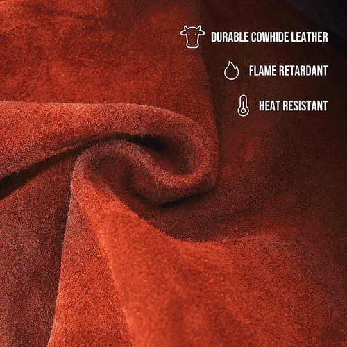 Vista 4 de Capa de soldadura de cuero resistente al calor premium con mangas, puños ajustables, cuello ajustable para hombres y mujeres (marrón, pequeña)