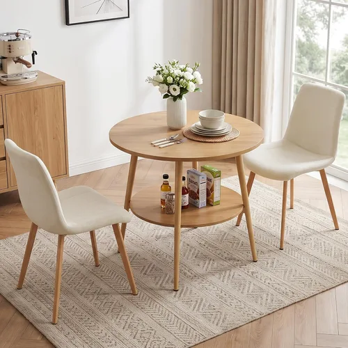 Vista 10 de HIPIHOM Farmhouse Round Oak Dining Table, 31.5 Inch Steel Legs for 2-4