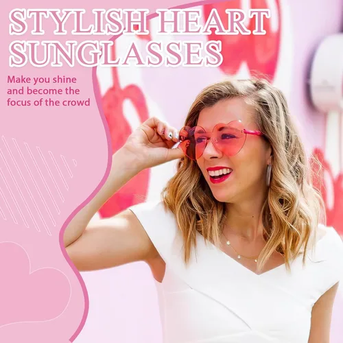 Vista 4 de 12 lentes de sol con forma de corazón, sin marco, lentes de sol transparentes con forma de corazón para mujer, paquete de lentes de sol divertidos