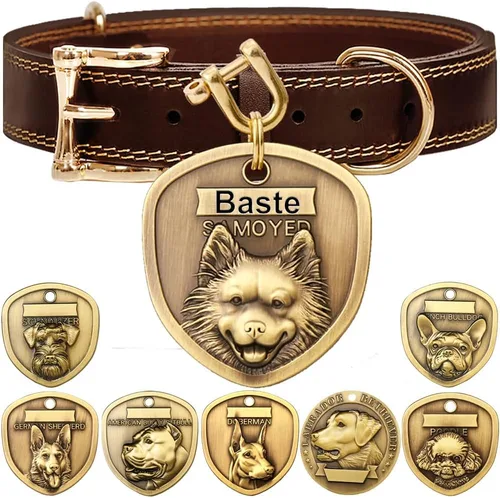 Vista 16 de Collar de cuero auténtico para perro + Juego de etiqueta para perro bulldog con relieve 3D (XS-S)