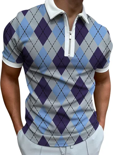Vista 3 de Men's Causal Polo Shirts Short Sleeve Zip Up Graphic Tee Shirt Lightweight Fashion Golf Polo Shirts Slim Fit Muscle Top