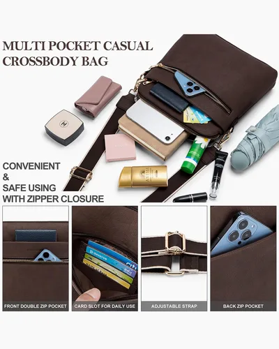 Vista 6 de POIUGOYA Bolsos cruzados medianos para mujer, a la moda, bolso de hombro de cuero para mujer, bolso de viaje con múltiples bolsillos con ranuras
