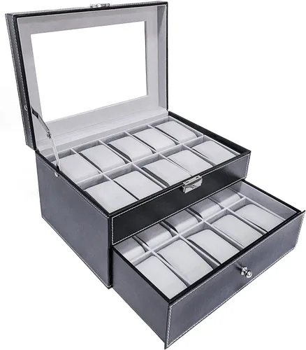 Vista 2 de Sodynee Caja superior brillante de cuero sintético de 20 cuadrículas, organizador de exhibición de relojes de joyería, caja superior grande