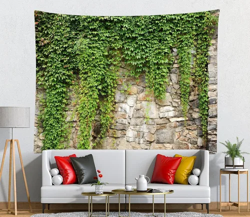 Vista 3 de BELECO Tapiz de pared de piedra con hojas para colgar en la pared, 176 x 118 pulgadas, jardín de primavera, pared de piedra vieja, tapiz de hojas