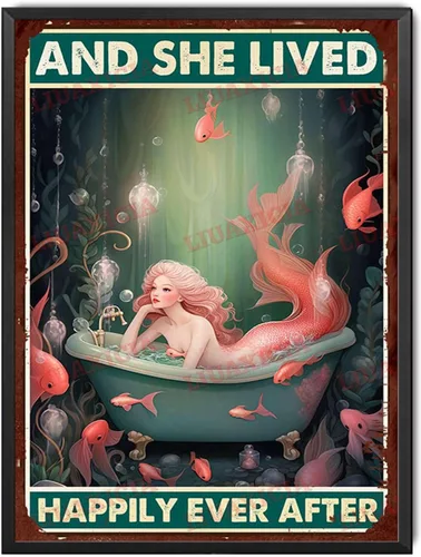 Vista 21 de LIUAXICIA Letrero de lata retro con diseño de sirena y ella vivió feliz para siempre, para decoración del hogar, 8 x 12 pulgadas, pintura de lata