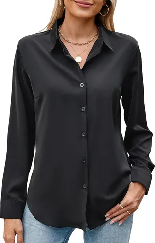Vista 9 de Camisa de manga larga con botones para mujer, ultra suave, elástica, sin arrugas, para trabajo, casual, negocios, oficina
