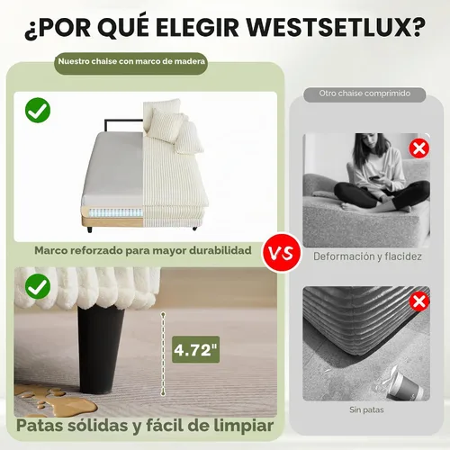 Vista 5 de WESTSETLUX Tumbona extragrande de 54.8 pulgadas de ancho para interiores con respaldo ajustable de 5 posiciones, sofá cama de pana con 3 almohadas