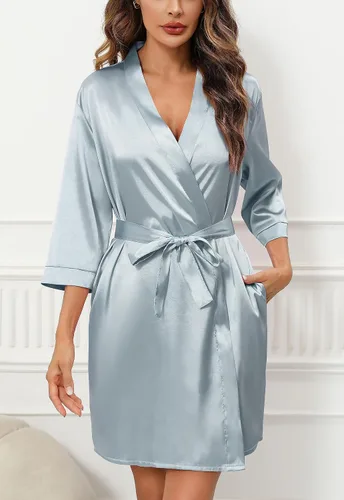 Vista 5 de Samring Bata de Novia y Dama de Honor para Mujer, Bata Corta de Kimono de Satén para Boda y Despedida de Soltera, Bata de Baño de Seda para Mujer