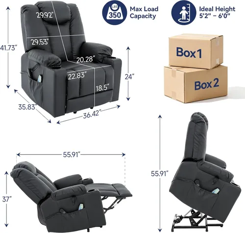 Vista 2 de Silla reclinable Power Lift para personas mayores con puertos USB y tipo C Negro