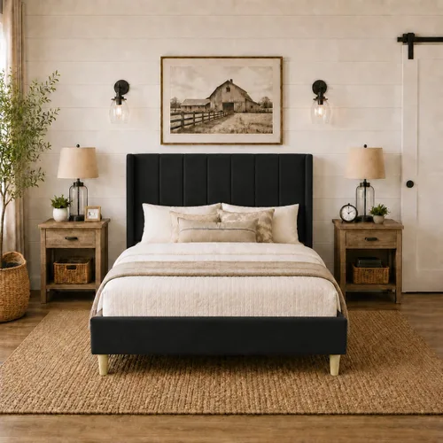 Vista 24 de Upholstered Bed Frame with Wingback Headboard and Wood Slats (Beige-Linen, Twin)