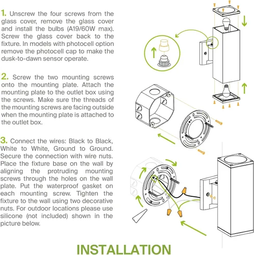Vista 9 de ASD Lámpara de pared cuadrada para exteriores de 1 luz, enchufe de bombilla E26 de 60 W, 120 V, ETL, cilindro hacia arriba, luces LED