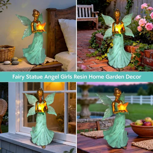 Vista 7 de Decoración solar de estatua de jardín de hadas, figura de resina de ángel de 10 pulgadas, impermeable, decoración del hogar con luces LED de colibrí