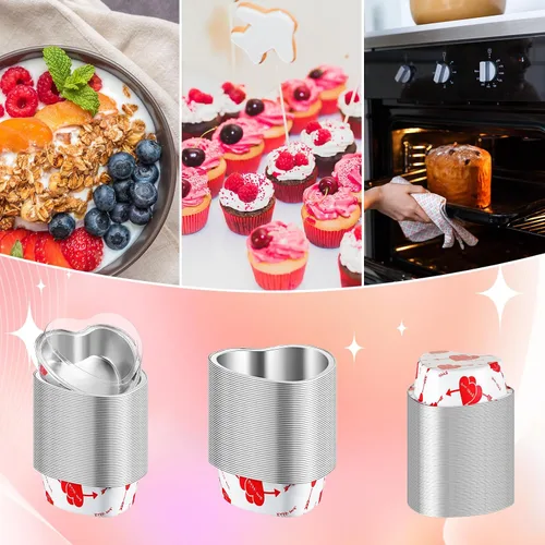 Vista 4 de Domensi Juego de 100 moldes de papel de aluminio en forma de corazón, mini tazas para cupcakes con tapas, molde para flan, desechables, para el día