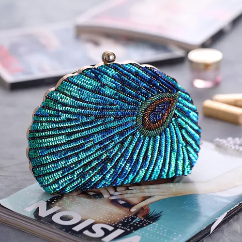 Vista 6 de LIFEWISH Bolso de noche único con lentejuelas de lujo para mujer, para boda, novia, fiesta, graduación, bolso de mano (azul pavo real)