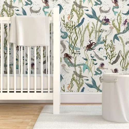 Vista 6 de Papel tapiz para despegar y pegar, diseño de sirenas nutrias, blanco, verde, azul, mar, océano, fondo de pantalla extraíble personalizado Spoonflower