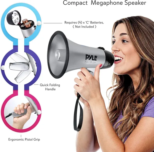 Vista 4 de Pyle -PRO Altavoz portátil megáfono sirena Bullhorn + baterías Energizer MAX C (8 unidades)