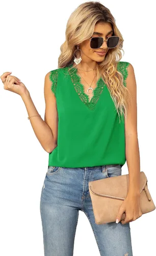 Vista 90 de VIISHOW - Camiseta sin mangas, sexy, con cuello en V y bordes de encaje para mujer, camisola de vestir, camisas de gasa, sin mangas, casuales
