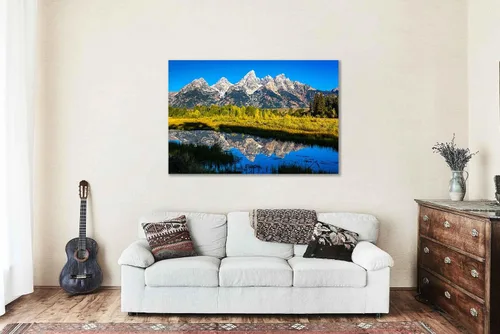 Vista 5 de Rocky Mountain Canvas Wall Art (Ready to Hang) Gallery Wrap of Grand Teton Reflecting Off Water at Schwabacher Landing in Wyoming Western