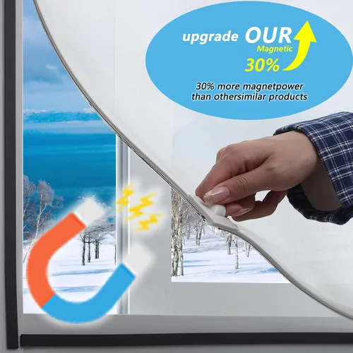 Vista 3 de Kit de aislamiento magnético para ventanas de bricolaje, película de película helada con marco blanco, tamaño máximo de 47" x 51", se adapta a
