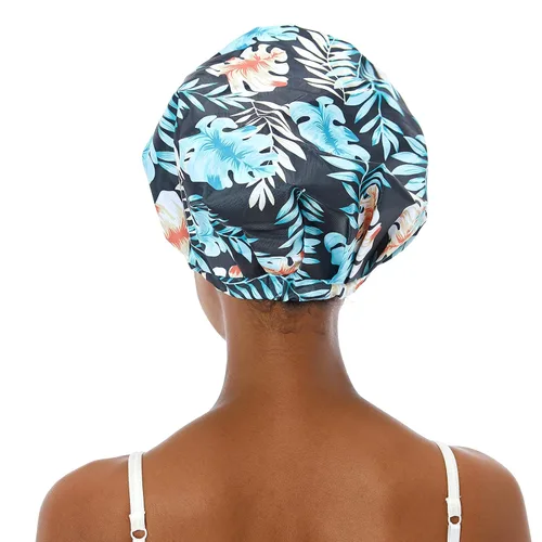 Vista 2 de Gorro de ducha para mujer, reutilizable, impermeable, para cabello largo, para ducha, bonito gorro de ducha extra grande para trenzas (hojas)