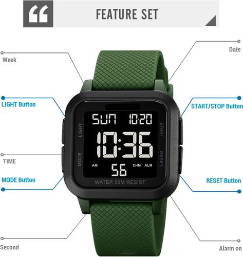 Vista 3 de Forrader Reloj digital deportivo para hombre, resistente al agua, con alarma, temporizador de cuenta regresiva, doble hora, cronómetro, relojes