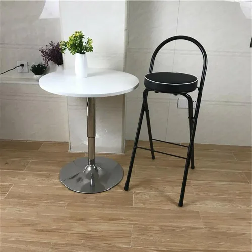 Vista 9 de Taburete plegable para desayuno, silla alta con asiento acolchado, taburete redondo portátil con respaldo, taburete plegable para adultos al aire