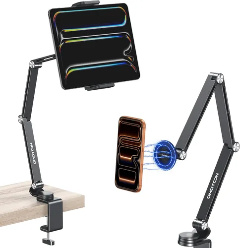 Vista 9 de OMOTON GH03 - Soporte para tablet con rotación de 360°, soporte de teléfono de brazo largo de aleación de aluminio GH03 con 2 abrazaderas de Negro