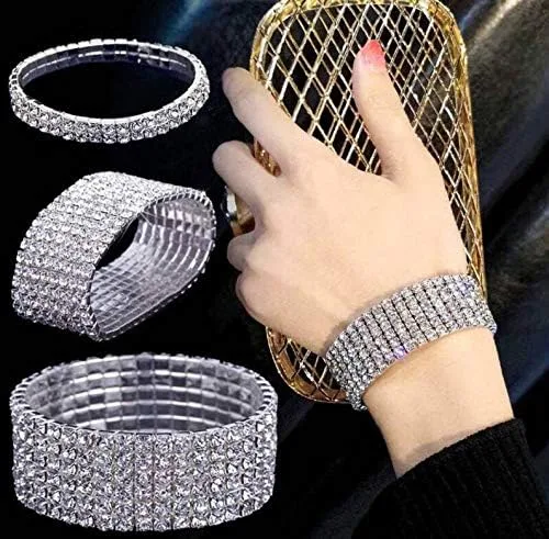 Vista 2 de Harlorki Pulsera elástica elástica de 5 filas con diamantes de imitación brillantes para niña, joyería de moda, Plástico, cristal