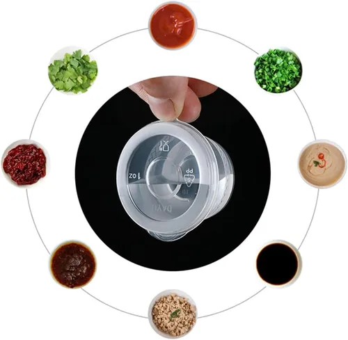 Vista 7 de MIUPOO Vasos de plástico para soufflé, desechables transparentes a prueba de fugas con tapa con bisagras, se utilizan para varias salsas, muestras
