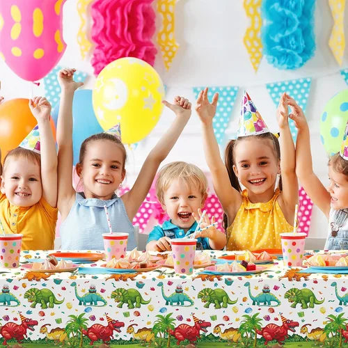 Vista 6 de Tegeme 1 mantel de plástico de dinosaurio para fiestas, 54 x 108 pulgadas, desechable, impermeable, con estampado de dinosaurios, para suministros