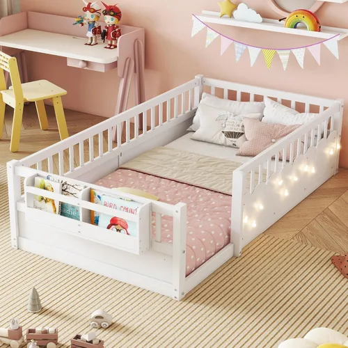 Vista 17 de Cama Montessori de tamaño matrimonial con estantería, luces, listones y Luces grises