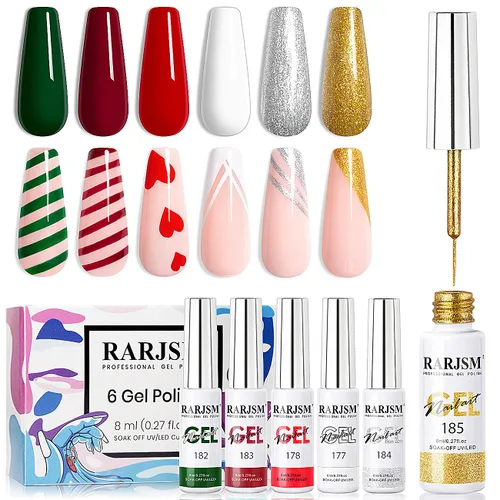 Vista 9 de RARJSM Juego de esmaltes de uñas de gel de pintura metálica, negro, plateado, dorado, verde, rosa, negro, brillantina, efecto platino, 6 piezas, Set