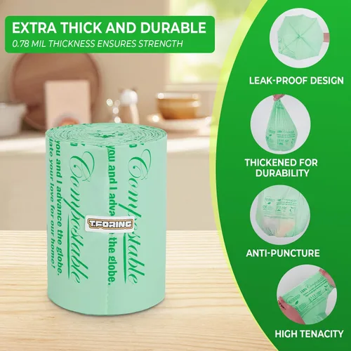 Vista 4 de Bolsas de basura compostables, 13 galones / 49.2 litros, 45 unidades, extragruesas de 0.9 mil de alto, forros de basura de cocina, certificados por