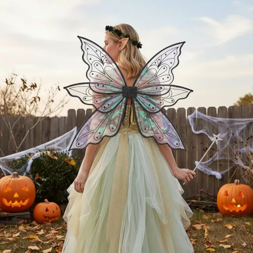 Vista 5 de Alas grandes de hadas doradas para adultos, alas transparentes y brillantes, disfraz de hada de mariposa, disfraz de Halloween, alas de ángel