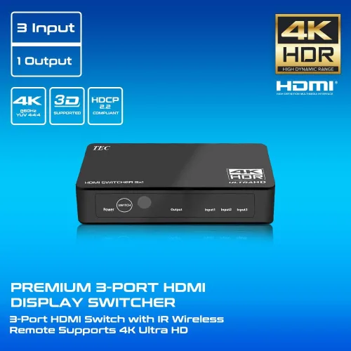 Vista 2 de TEC Interruptor HDMI 4K 3x1 Conmutador HDMI 3 en 1 Salida Selector de interruptor HDMI 3 puertos con control remoto IR HDMI HDCP 2.2 Soporte 4K