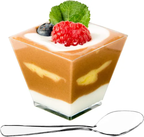 Vista 11 de DLux 100 x 2oz Tazas Cuadradas Mini de Postre con Cucharas y Tapas, Taza de Plástico Transparente para Aperitivos Parfait - Pequeño Cuenco