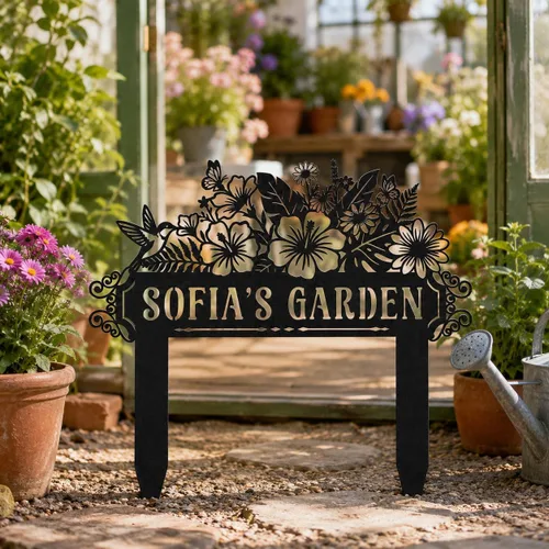 Vista 3 de Letrero de jardín personalizado con estaca, letrero de metal personalizado con nombre de jardín para exteriores, decoración de patio de flores