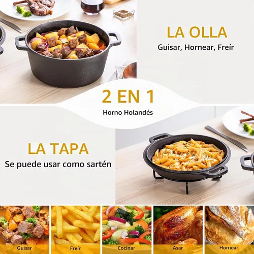 Vista 3 de Velaze Olla Holandesa de Hierro Fundido con Tapa de Sartén, Sartén de Hierro Fundido de Doble Mango 2 en 1 Presazonada para Hornear Pan, Freír