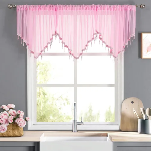 Vista 9 de WUBODTI Cortinas transparentes con cenefa con cuentas negras para ventanas, 1 unidad, cenefas de cortina semitransparentes para dormitorio y cocina