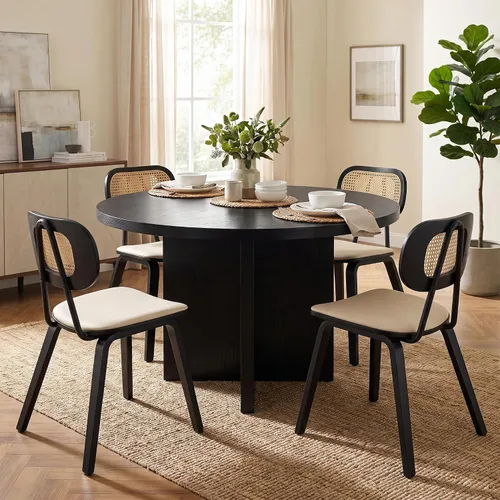 Vista 5 de Juego de 2 sillas de comedor de ratán, asiento de piel sintética Beige/Negro