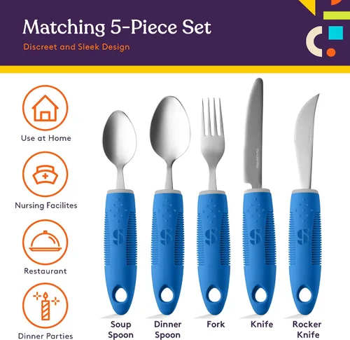 Vista 4 de Special Supplies Utensilios adaptativos (juego de cocina de 5 piezas) anchos, sin peso, asas antideslizantes para temblores de manos, artritis