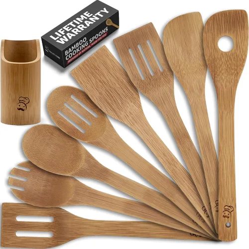 Vista 9 de PriorityChef - Cucharas de madera para cocinar, 6 piezas con soporte para utensilios, utensilios de bambú que no rayan, juego de utensilios