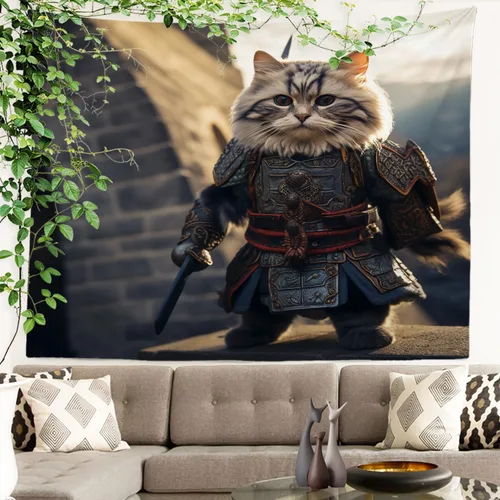 Vista 7 de Batmerry Cat In Armor Polyester Tapestry, Cat Armor Sword Warrior Battle Shield Lightweight Wall Hanging High-Definition Print Backdrop For Dorm