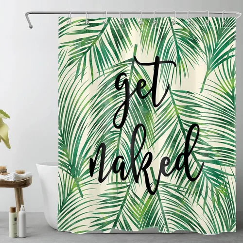 Vista 14 de LB Cortina de ducha de plantas de hojas verdes tropicales, citas divertidas y hojas de palma en cortinas de ducha beige para baño, tela de poliéster