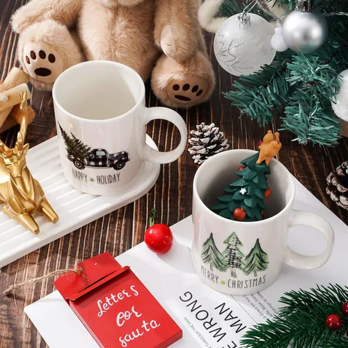 Vista 3 de Whaline Juego de 2 tazas de Navidad de 12 onzas con acuarela, a cuadros, árbol de Navidad, camión, taza de café, tazas de cerámica para fiesta