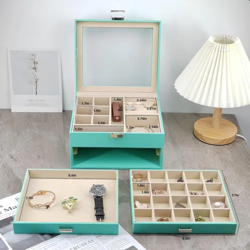 Vista 4 de BOOVO Clear Lid Jewelry Box For Girl,3 Layers Jewelry Organizer boxes For Women Turquoise Earring Jewelry Box For Girl Necklace Ring Bracelet