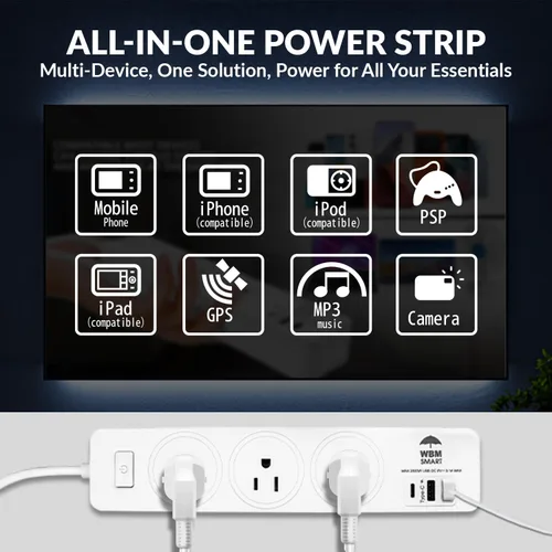 Vista 8 de WBM Smart Regleta de alimentación de 5.9 pies y 10 A, enchufe de cable de extensión con 2 puertos USB y 1 enchufe tipo C, certificado ETL, extensor